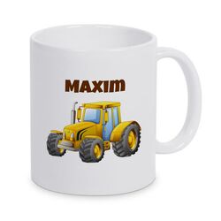 Tasse für Kinder mit Namen und gelben Traktor